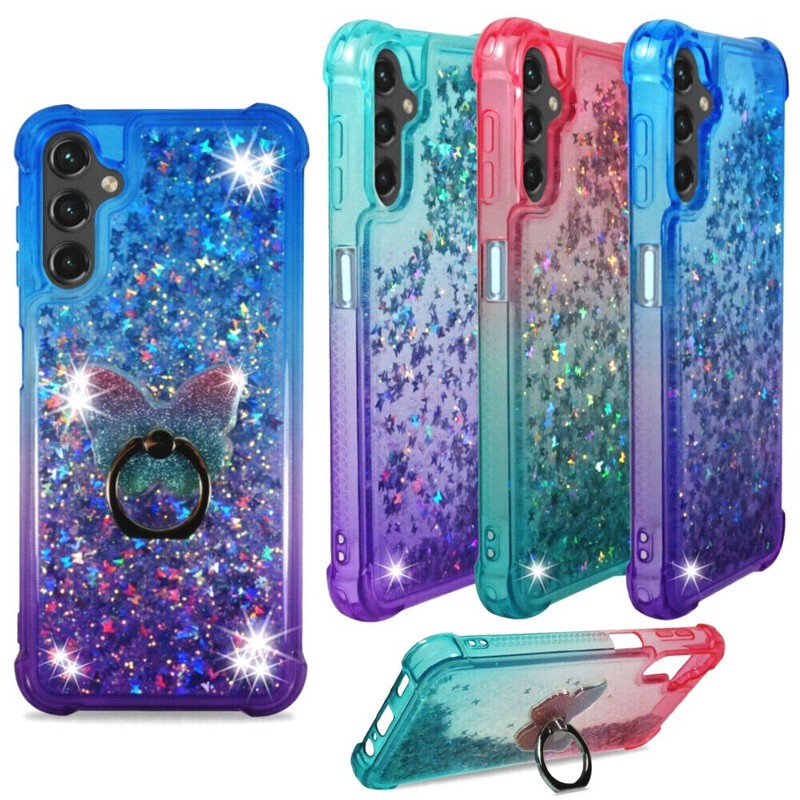 For Samsung Galaxy A14 – Liquid Glitter Bling Shockproof Phone Case w Ring Stand