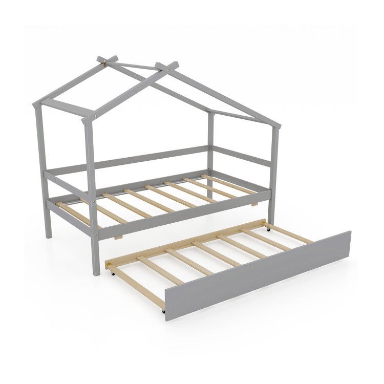 Toddler Twin Size House Shaped Solid Wood Bed Frame w/ Space-saving Trundle Bed gallery