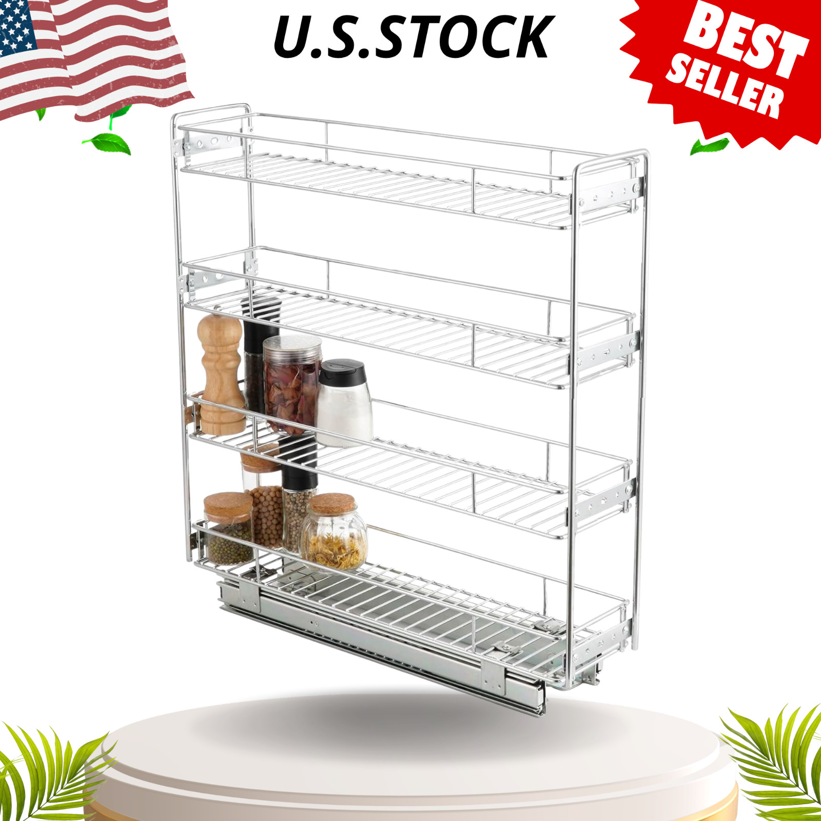 NEW 4 Tier Pull Out Kitchen Spice Rack Cabinet Slide Out Slim Wire Storage 5W21D gallery