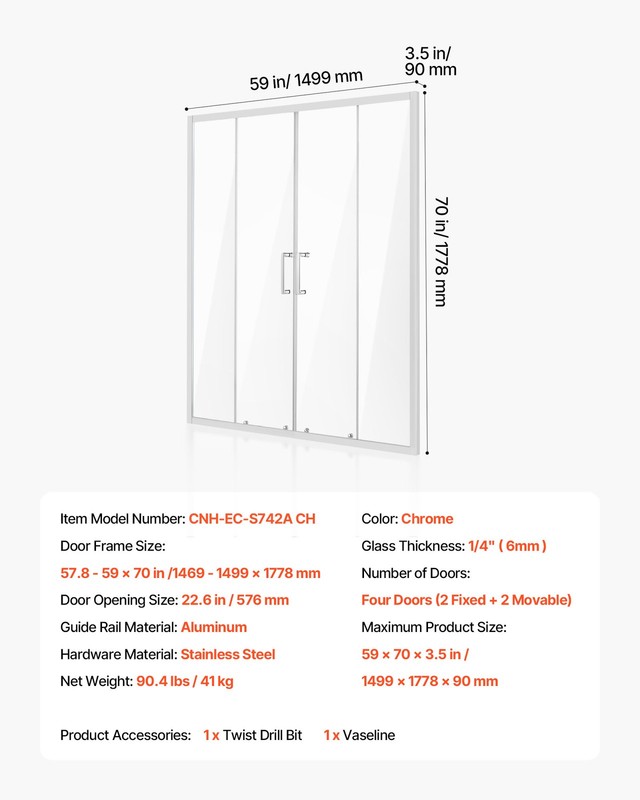 VEVOR Semi-frameless Double Sliding Shower Door SGCC Tempered Glass 1/4" Chrome gallery