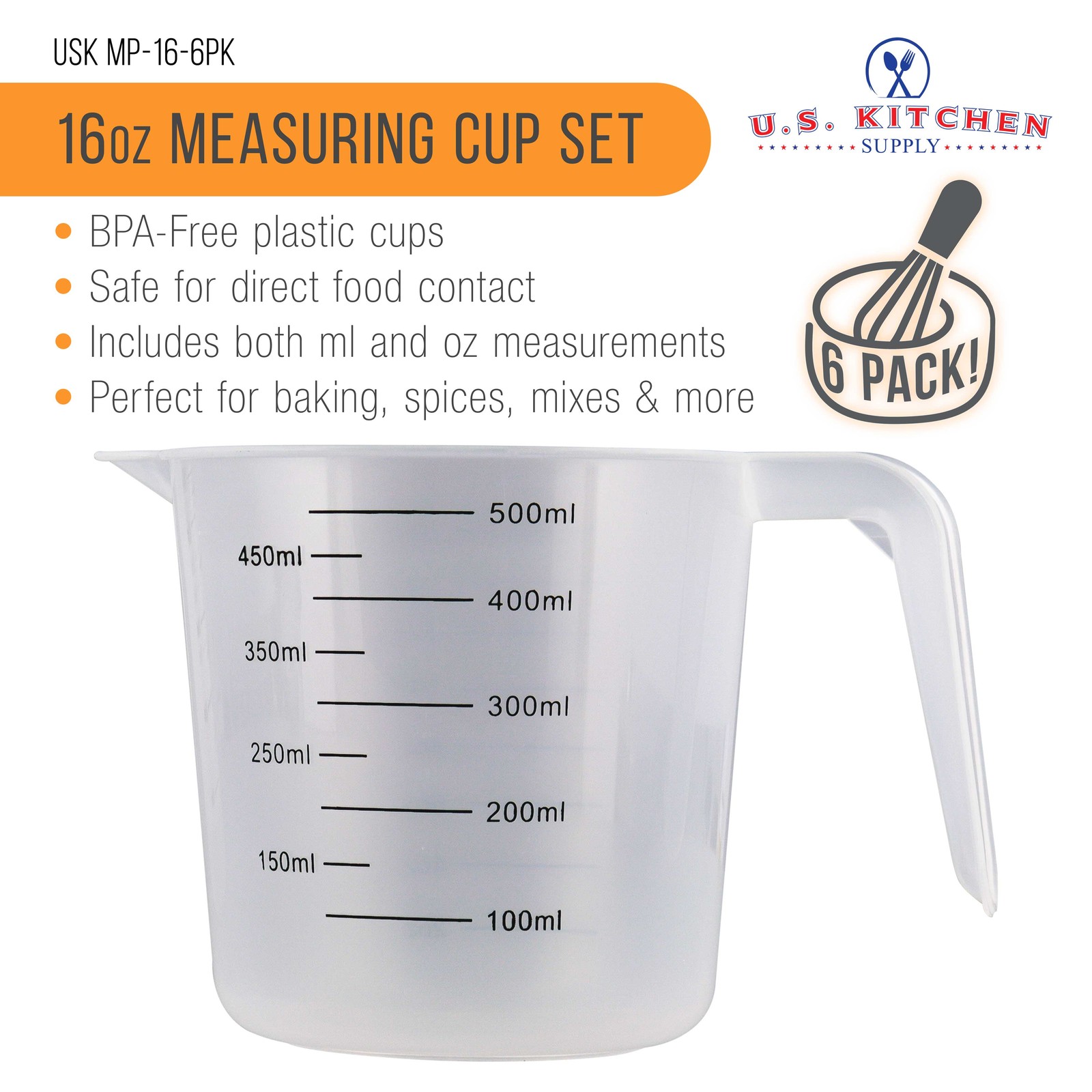 6 - 16 oz (500 ml) Plastic Graduated Measuring Cups, Kitchen Measure Mix Ounces gallery
