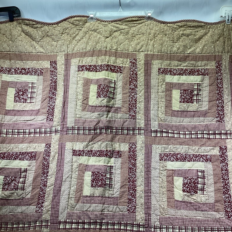 Full Quilt Red Tan Log Cabin Patchwork Cotton "Victorian Heart" 86" x 86" 1 Sham gallery