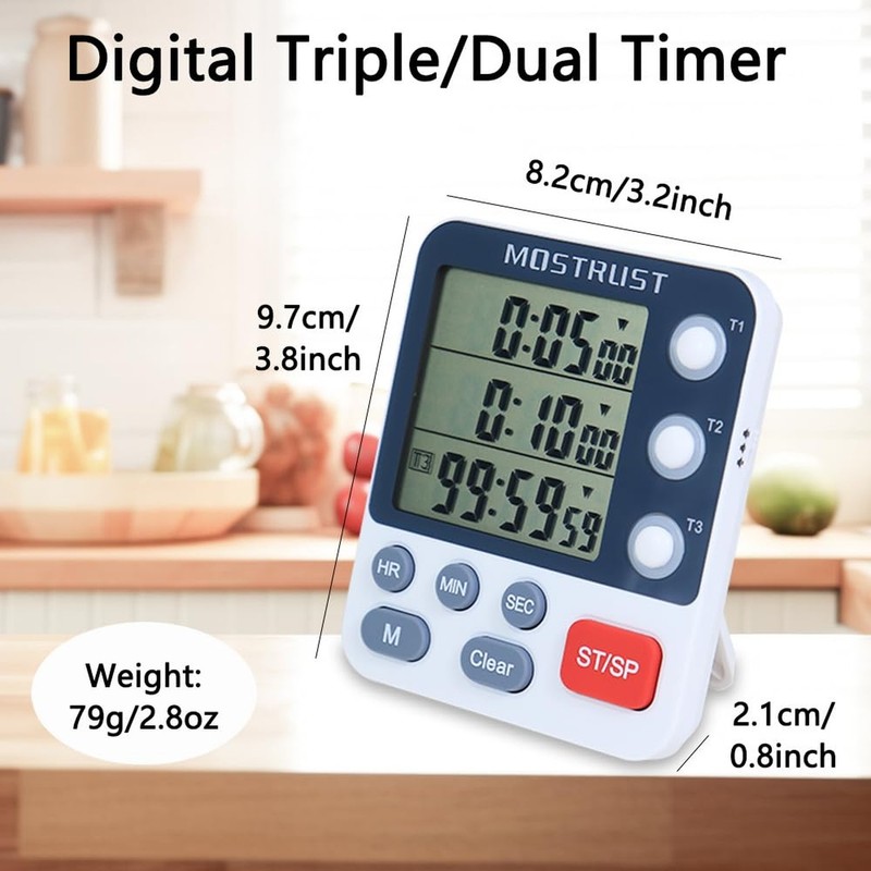 Digital Dual Kitchen Timer, 3 Channels Count UP/Down Timer, Cooking Timer, La... gallery