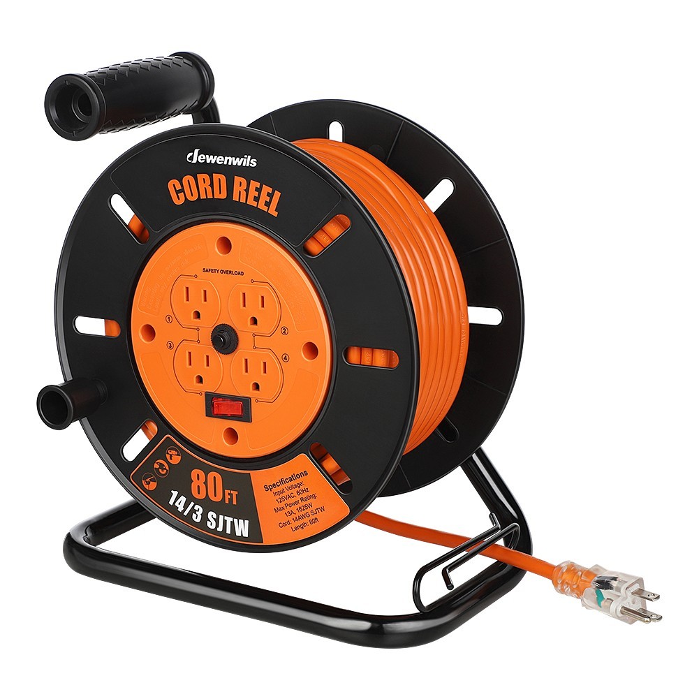 DEWENWILS Retractable Power Cord Reel with 4 Plugs, 13A Circuit Breaker, Metal gallery