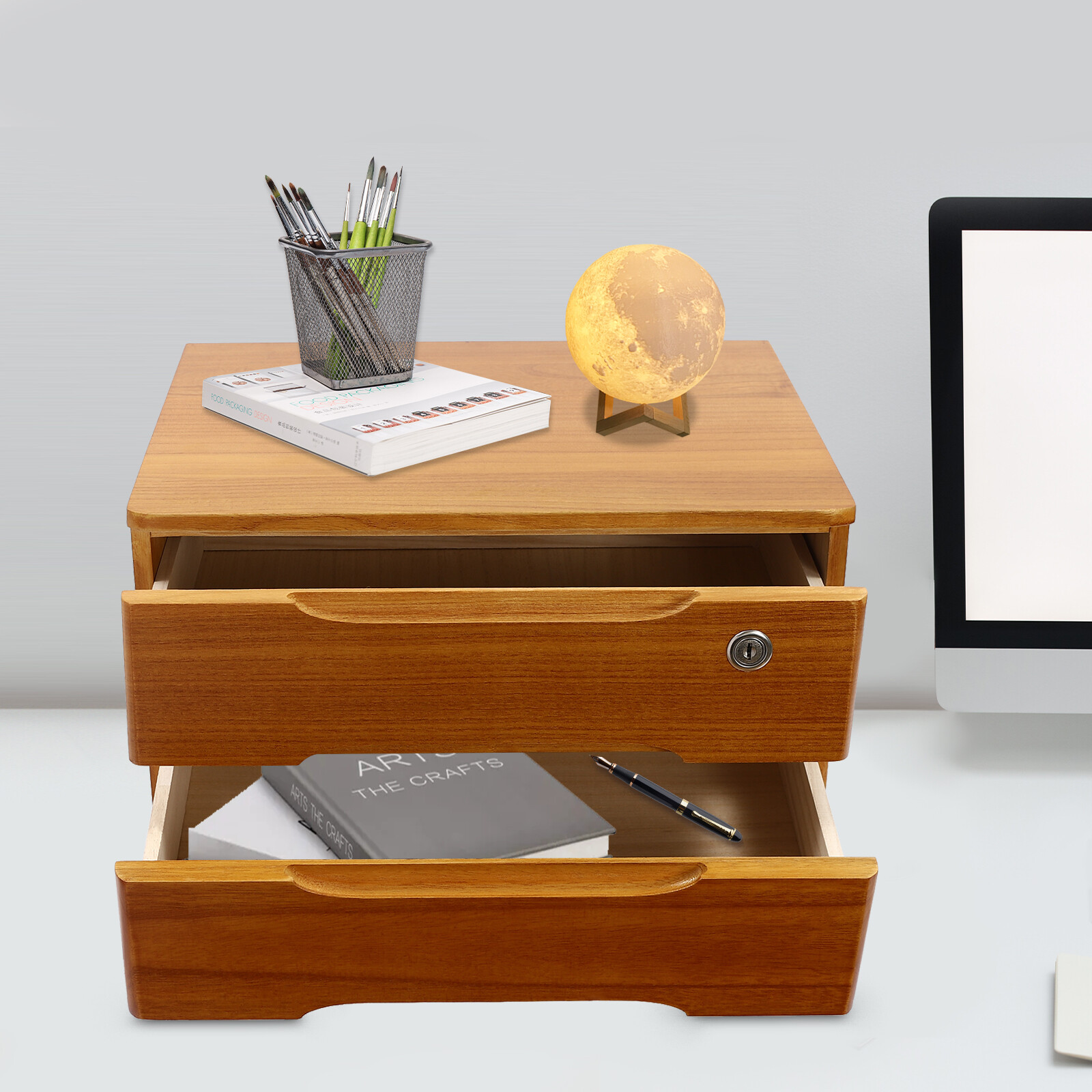Wooden Desktop Storage Box with Lockable Drawers, Desk Organizer With 2 Tiers gallery
