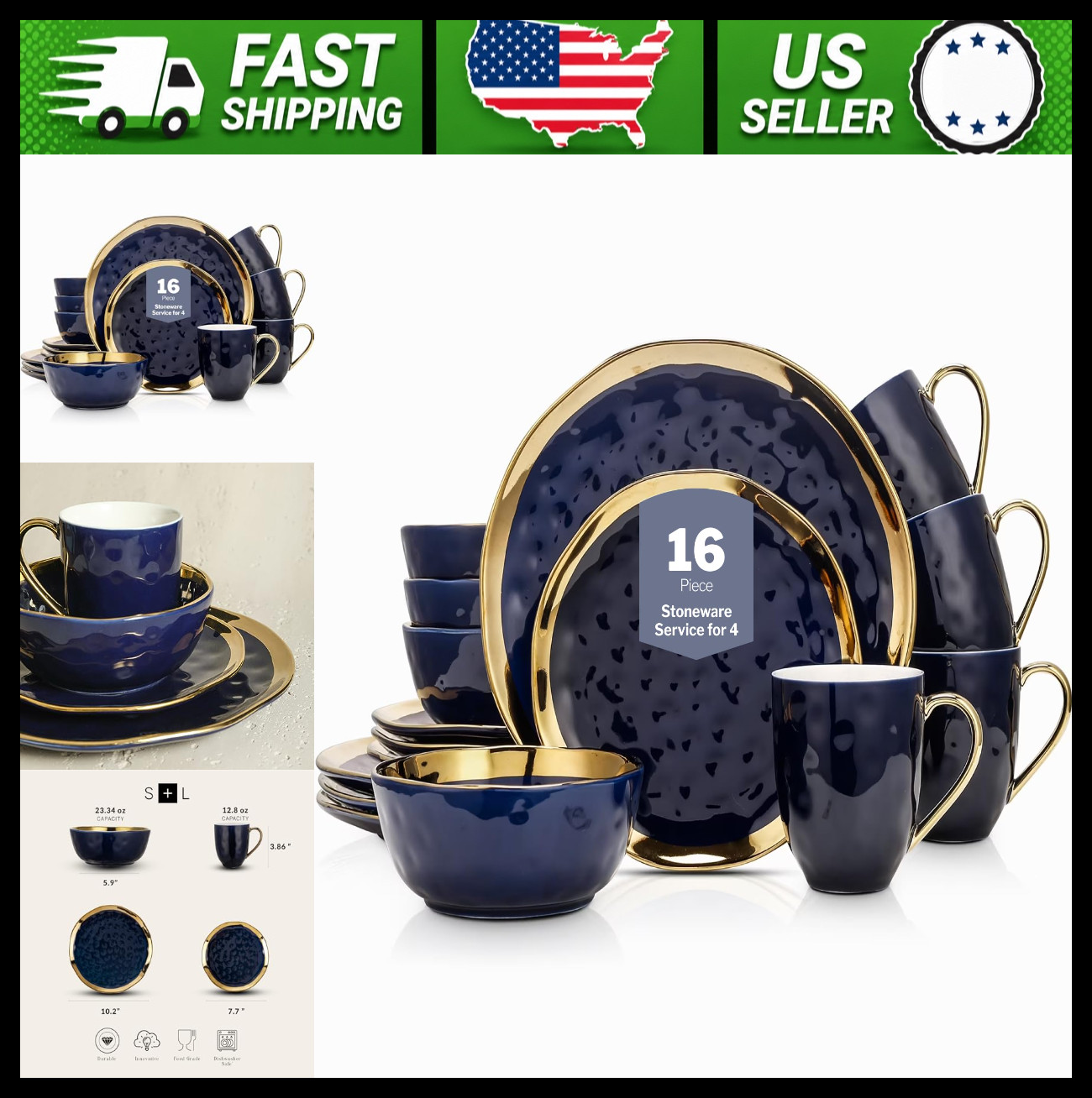 Stone Lain Porcelain 16 Piece Dinnerware Set Service for 4 Blue Gold Rim gallery