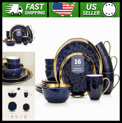 Stone Lain Porcelain 16 Piece Dinnerware Set Service for 4 Blue Gold Rim