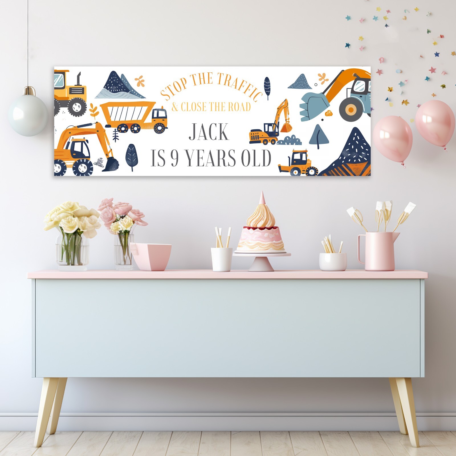 Personalised Construction Trucks Banner Wall Poster Birthday Party Cute Diggers gallery
