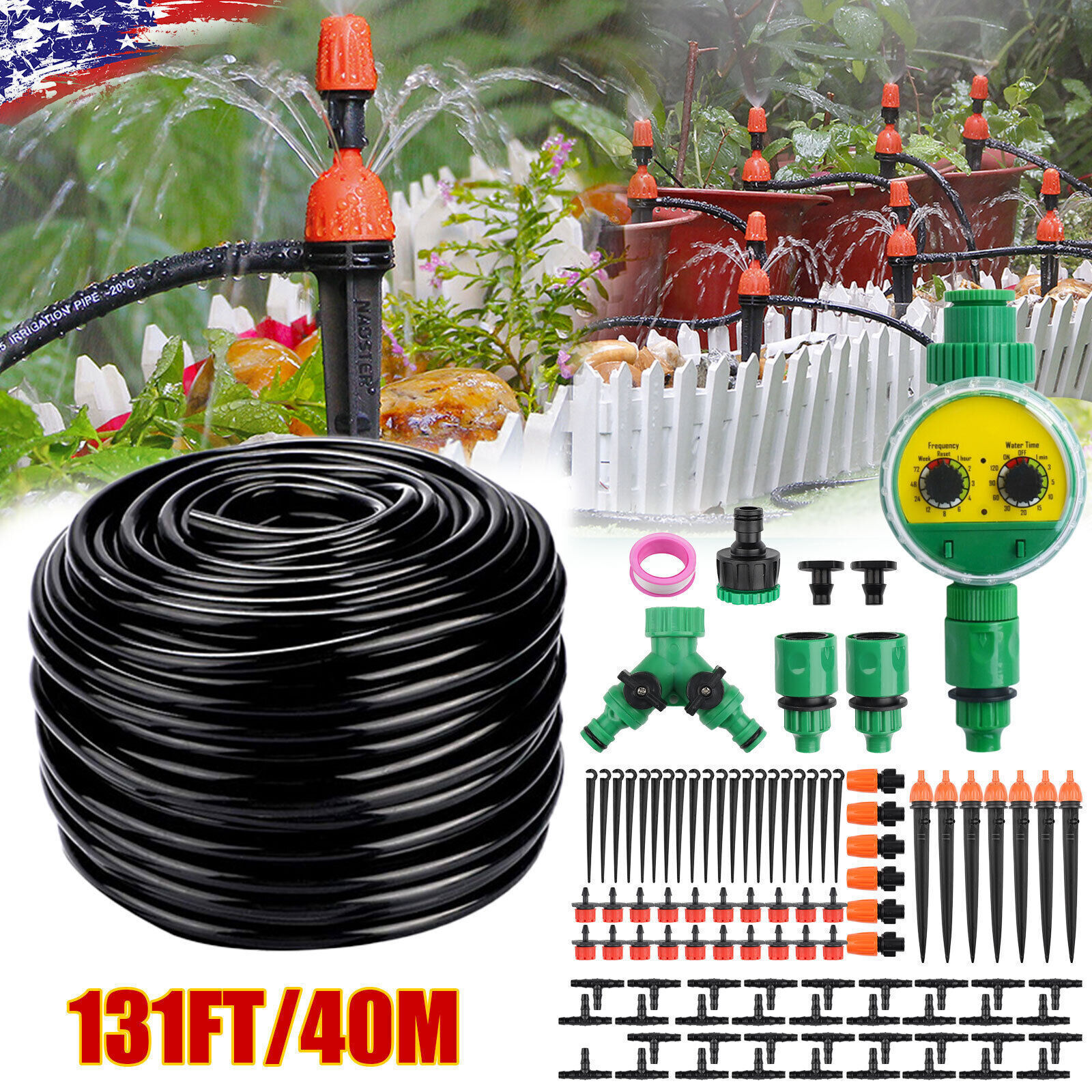 130ft Drip Irrigation System Plant Timer Self Garden Watering Hose Spray Kit USA gallery