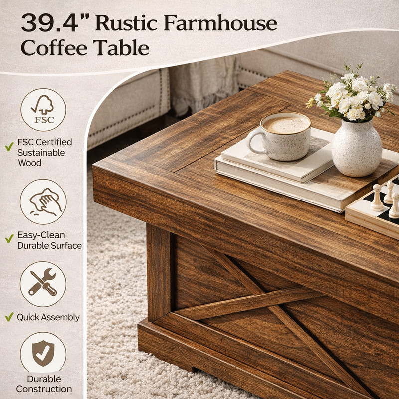 Rustic Square Coffee Table 39.4" Walnut for Living Room and Modern Office gallery