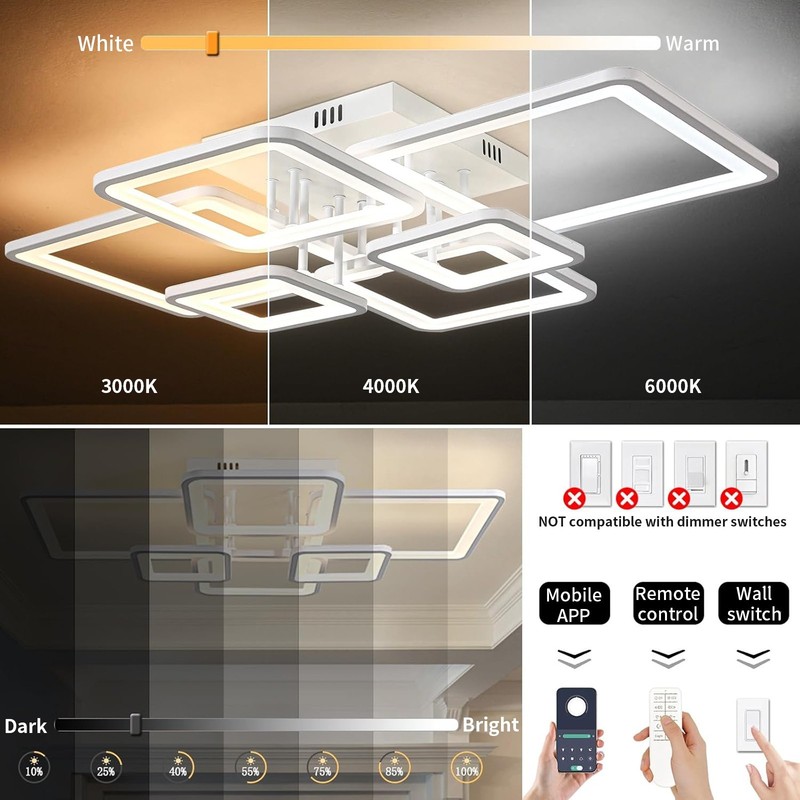 6-Ring LED Ceiling Light w/ Remote – Dimmable White for Bedroom & Living Room gallery