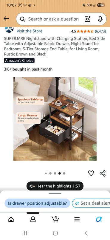 SUPERJARE Nightstand Charging Station 1 Drawer Shelf, Rustic Brown/Black 23.4" gallery