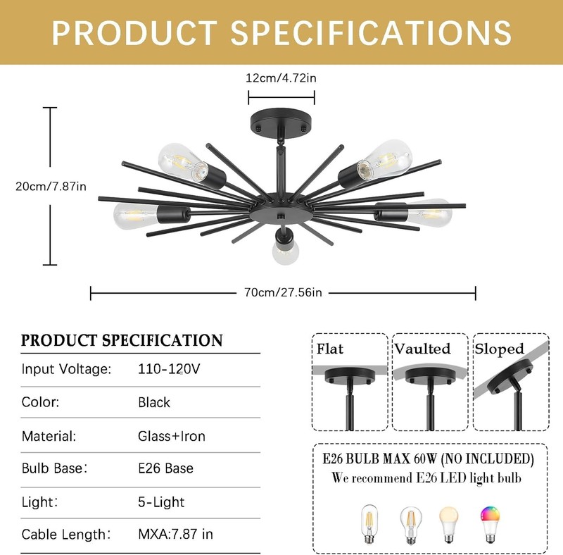 Black Semi Flush Mount Ceiling Light, 27.5 Inch 5-Light Large Sputnik Flush M... gallery
