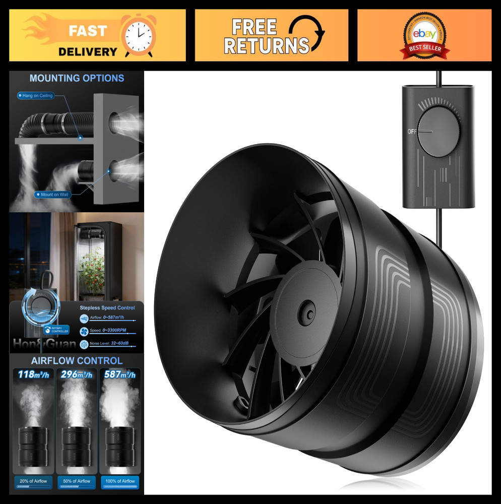 6" Inline Duct Fan with Stepless Speed Control - 345 CFM Low Noise Ventilation f