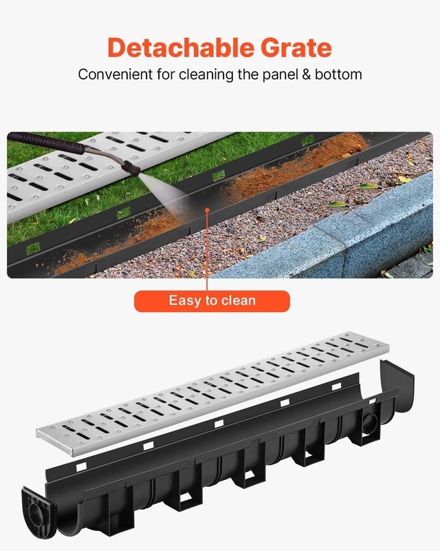 Durable Trench Drain System 3 Pack | Black HDPE | Metal Grate | Garage Waterway gallery