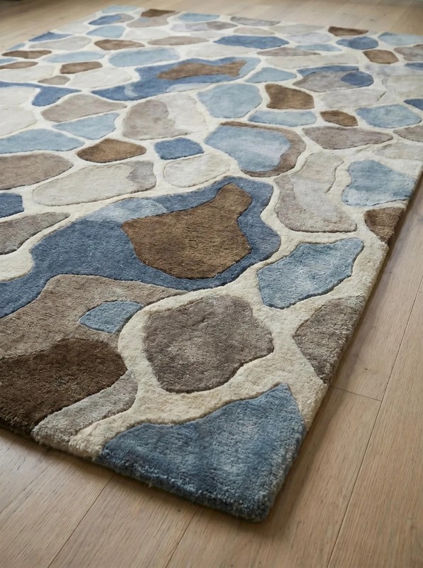 Hand Tufted Wool Pebble Pattern Rug, Modern Neutral Blue Brown Area Rug 9x12 Lar gallery