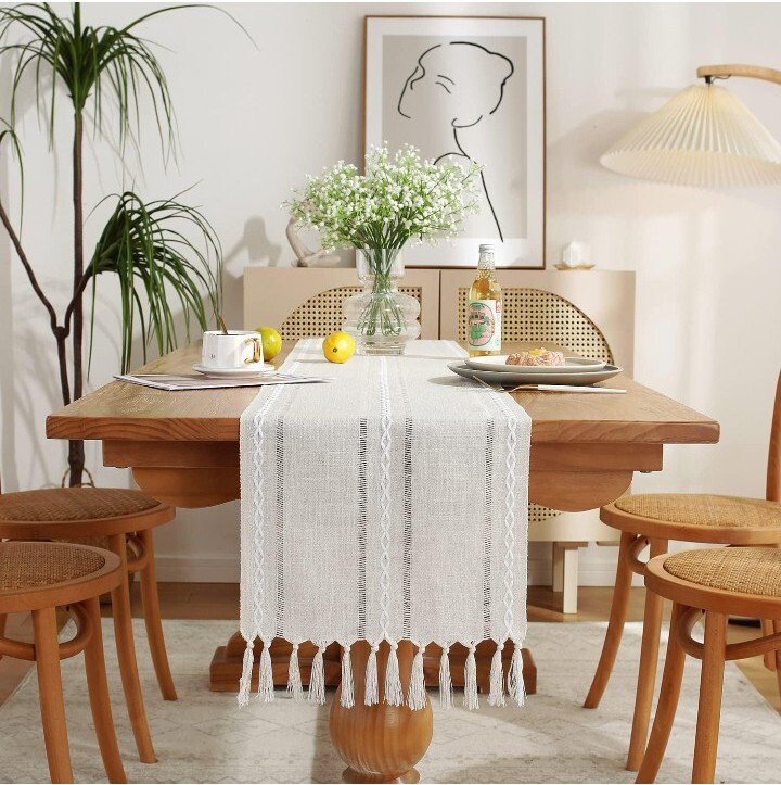 Farmhouse Linen Fabric Table Runner With Tassels 13" x 48" gallery