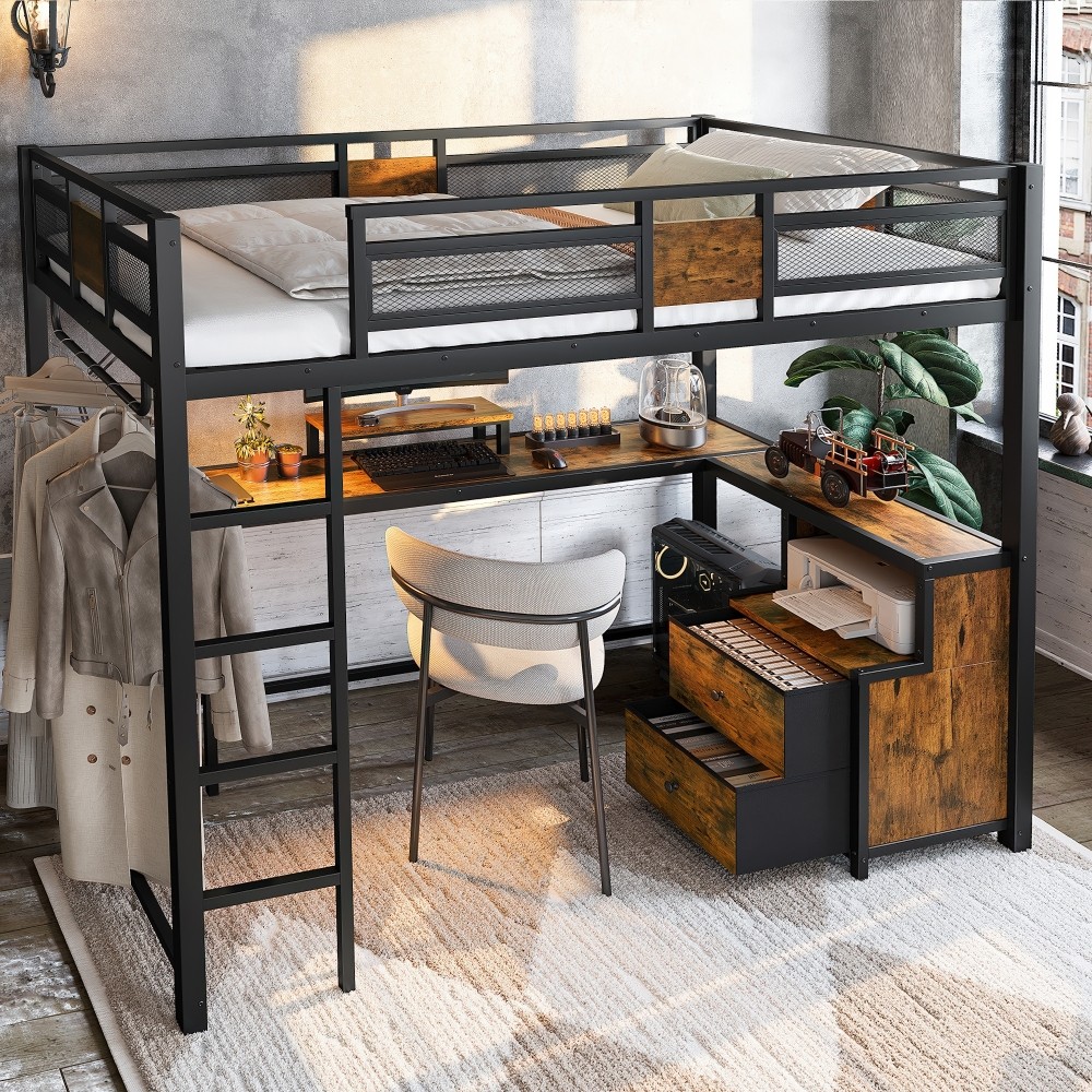 Queen Size Loft Bed with Desk & Storage Stairs, Wardrobe Side Table Bed Frame gallery