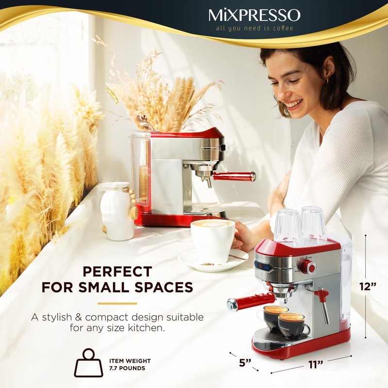 Mixpresso 15-Bar Automatic Espresso Machine with Milk Frother, 37 Oz, Dark Red gallery
