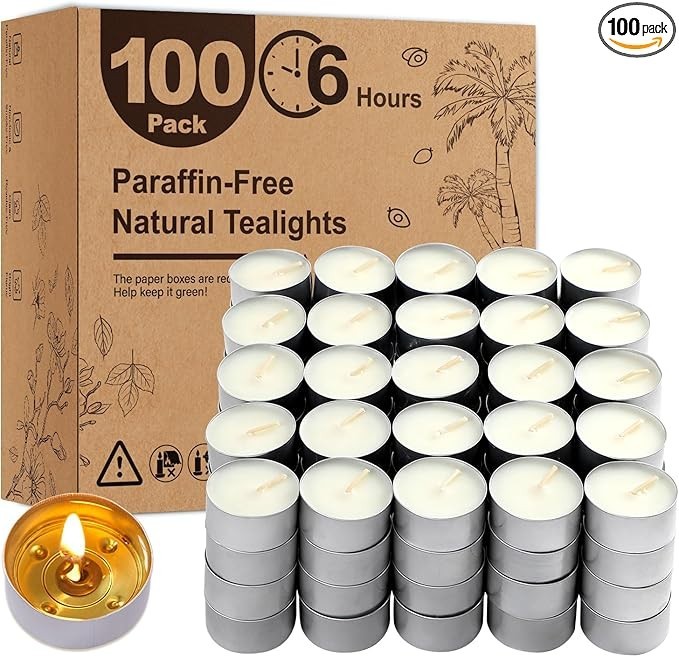 All Natural Paraffin-Free Tealights Set of 100 Candles 6hrs Smokeless New gallery