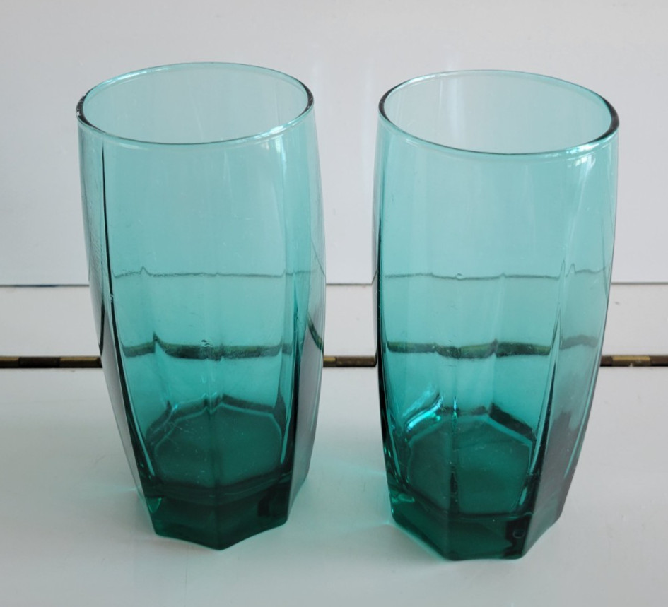 2 TEAL GREEN GLASS CRISTAR 8 SIDED HIGHBALL DRINKING TUMBLERS 6 INCHES 16 OZS gallery