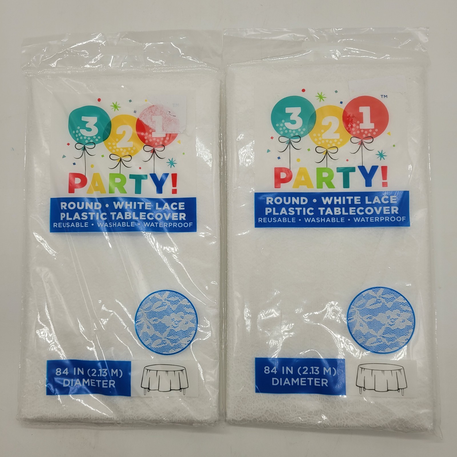 321 Party! Reusable White Lace Plastic Tablecover Set Of 2, 84 IN Round gallery