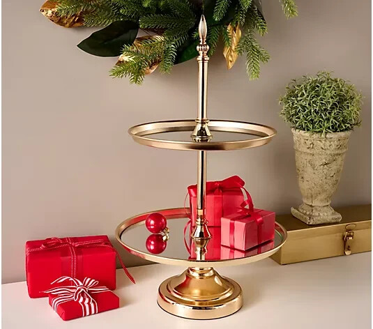 Two-Tiered Mirrored Metal Display Gold Color by Valerie gallery
