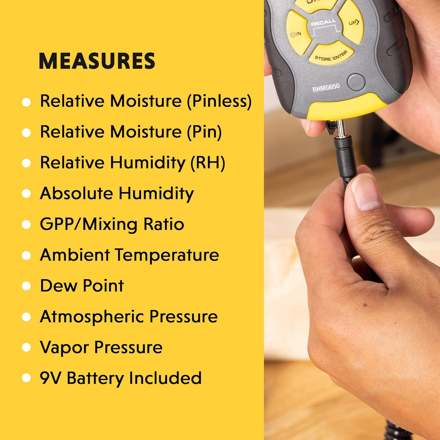 RHMG650 9-In-1 Thermo-Hygrometer with Pin/Pinless Moisture Meter & PIN3 Replacem gallery