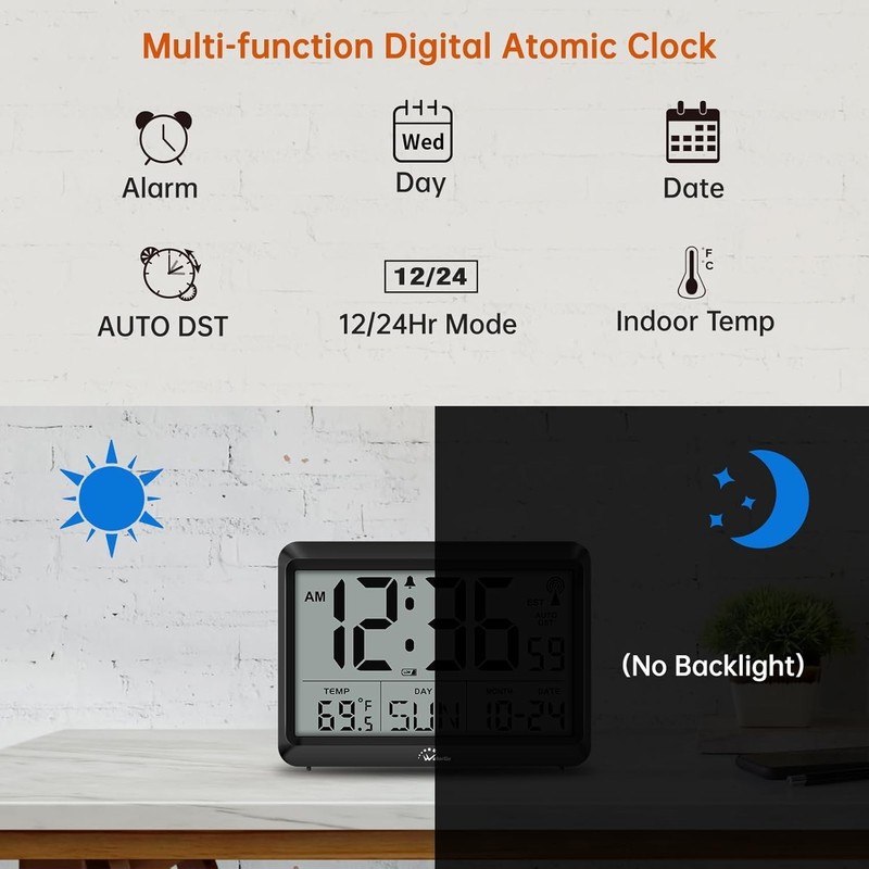 Atomic Digital Wall Clock Battery Operated, Self-Setting, Large Display with Tem gallery
