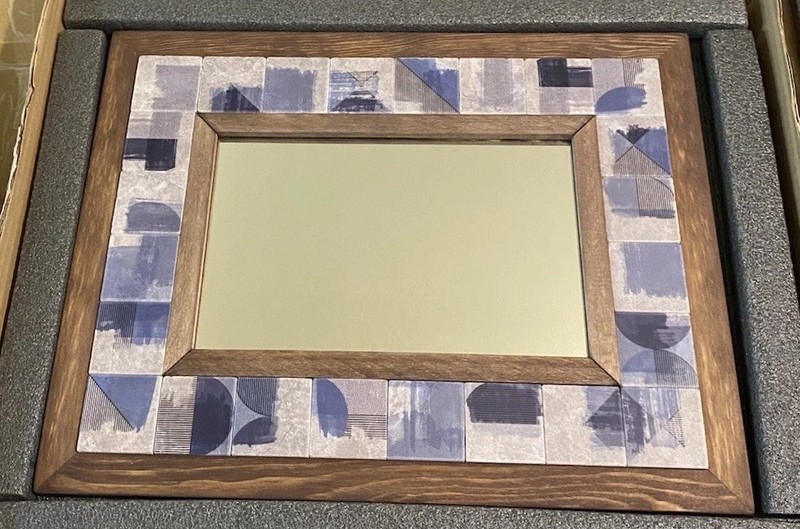 Handcrafted Wall Mounted Mirror in Solid Wood Frame with Pattern Marble Tile gallery