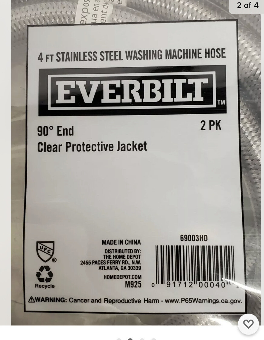 (2) Everbilt Stainless Washing Machine Hoses 4 Ft 90 Degree End gallery