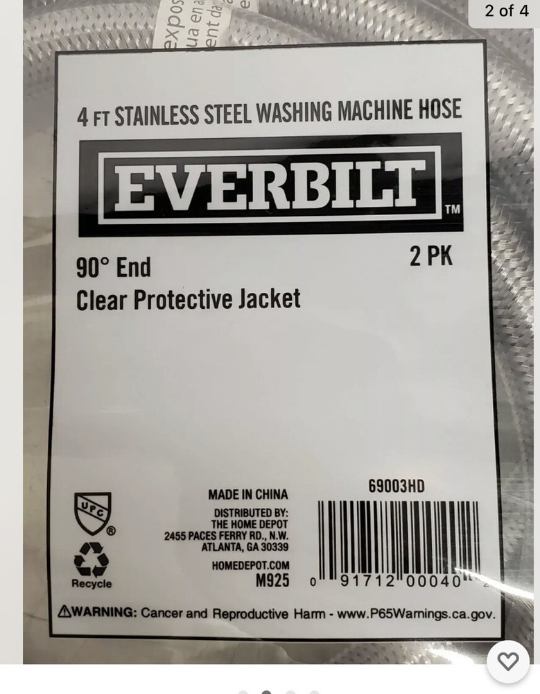 (2) Everbilt Stainless Washing Machine Hoses 4 Ft 90 Degree End
