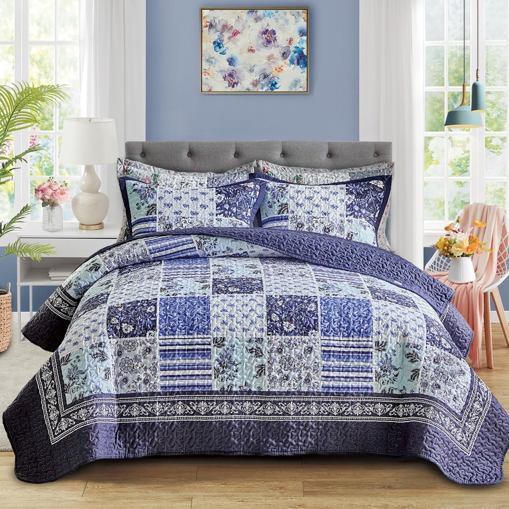 Patchwork Quilt Set Queen Size,3 Pieces Navy Blue White Floral Plaid Reversib...