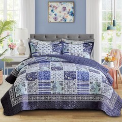 Patchwork Quilt Set Queen Size,3 Pieces Navy Blue White Floral Plaid Reversib…