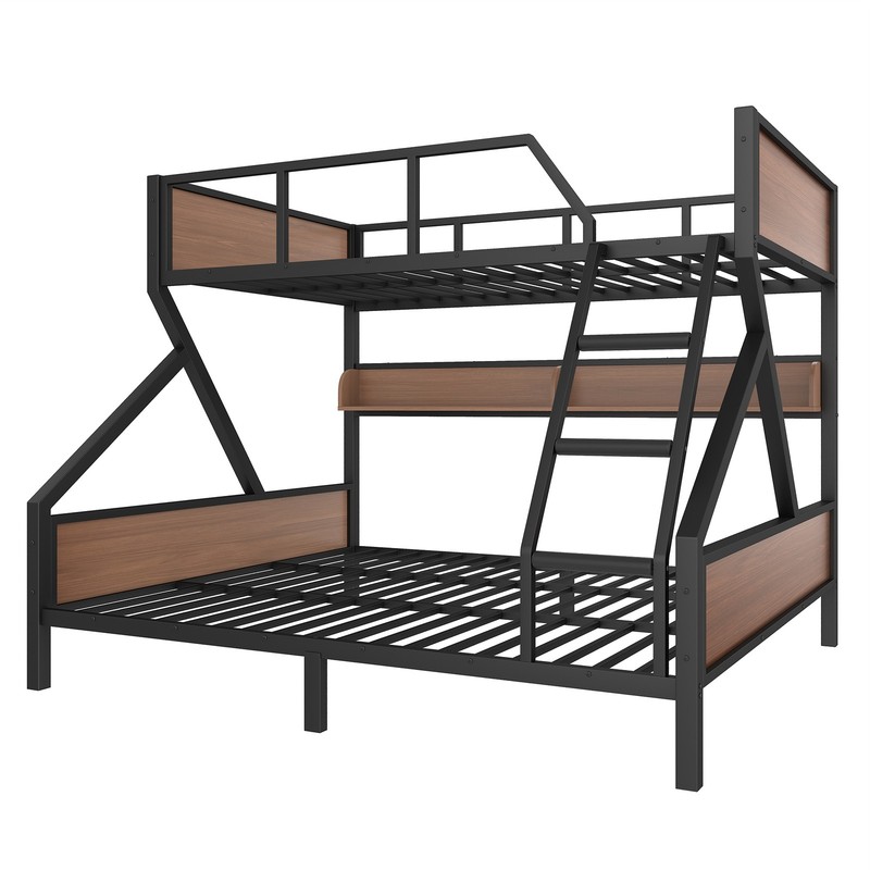 Queen over King Bunk Bed, Metal Bunk Bed with Storage Shelves and Lights Black gallery