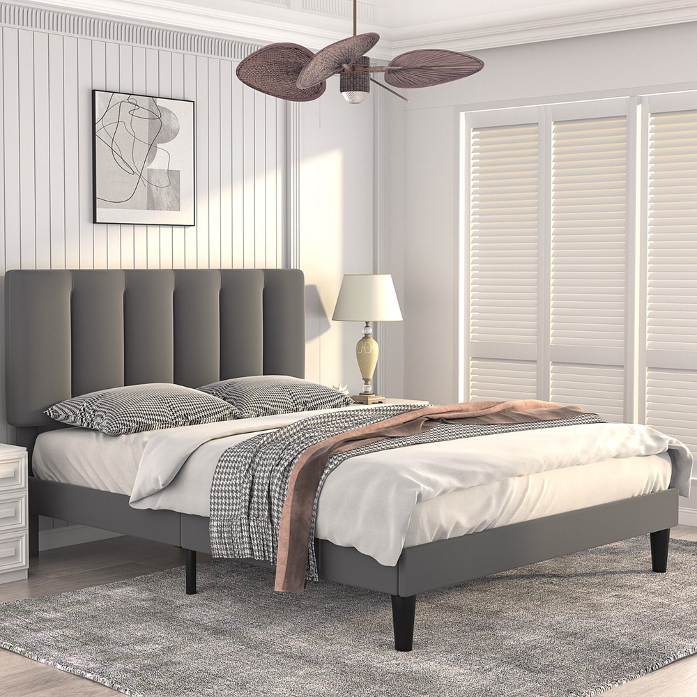 Vecelo Upholstered Platform Bed Frame Twin/Full/Queen with Headboard Wooden Slat