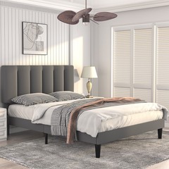 Vecelo Upholstered Platform Bed Frame Twin/Full/Queen with Headboard Wooden Slat