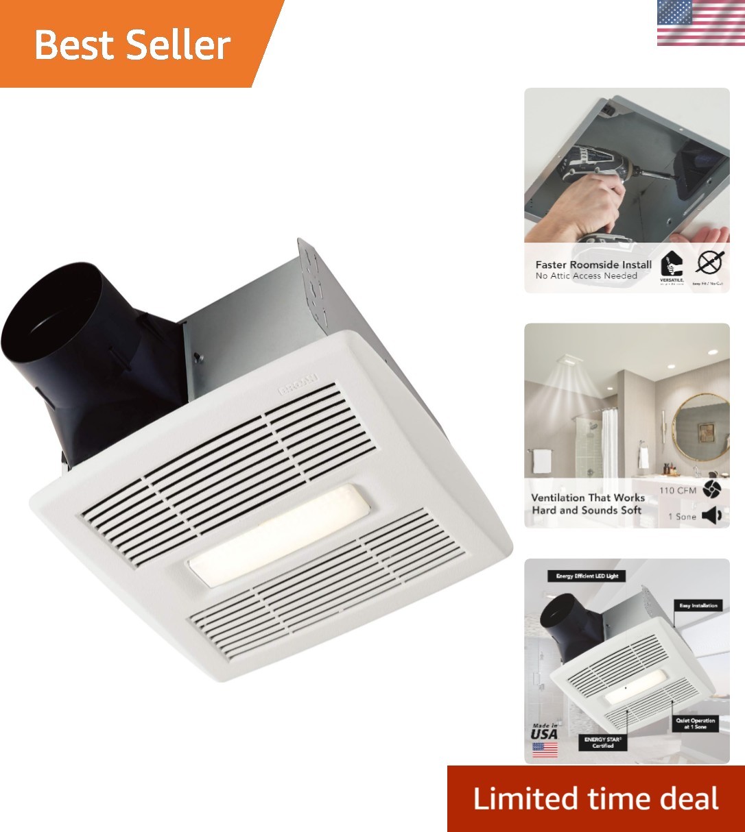 Bathroom Exhaust Fan with LED Light and Roomside Installation, ENERGY STAR Ce... gallery