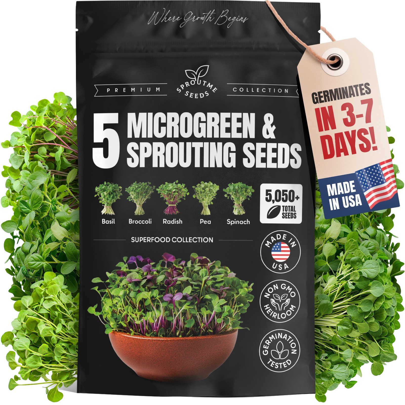Microgreens Sprouting Seeds Mix, 5 Varieties, Non-GMO Heirloom, 5050+ Seeds gallery
