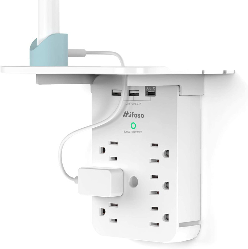 Wall Outlet Extender with Surge Protector, 6 AC Outlets, Shelf, 2 USB & USB C Ch gallery