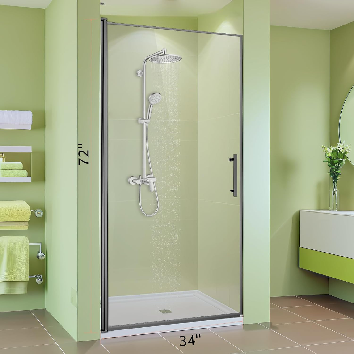 34" Wx72 H Frameless Reversible Pivot Shower Door, 1/4" Clear SGCC Tempered Glas gallery