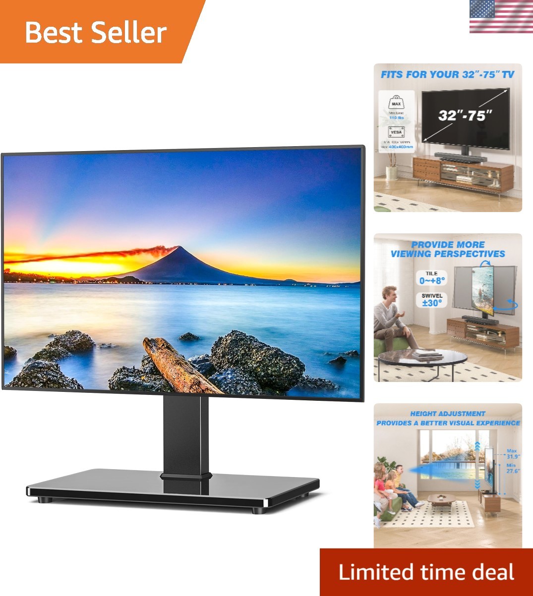 Universal Swivel TV Stand for 32-75 Inch TVs with Adjustable Height & Glass Base gallery