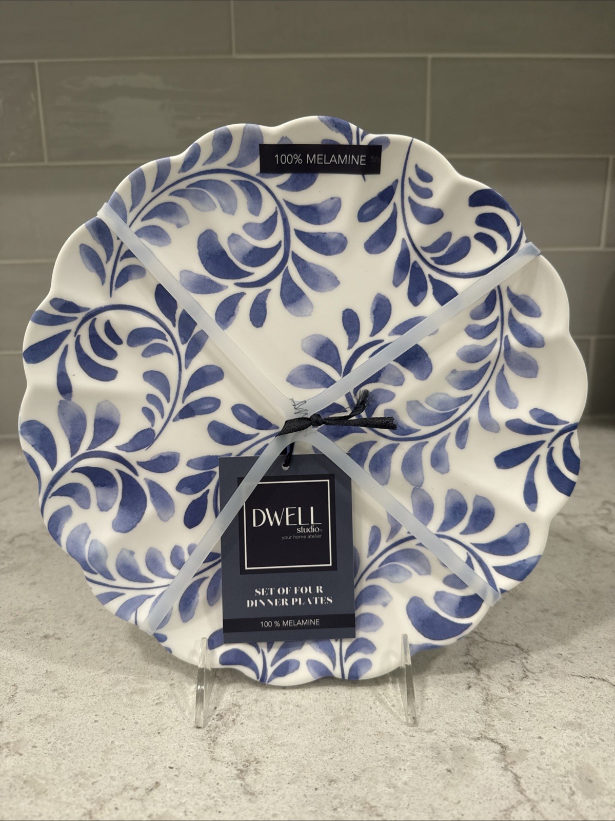 Set 4 DWELL Melamine 10.5” Dinner Plates Matte Blue & White Scalloped Edge NEW gallery