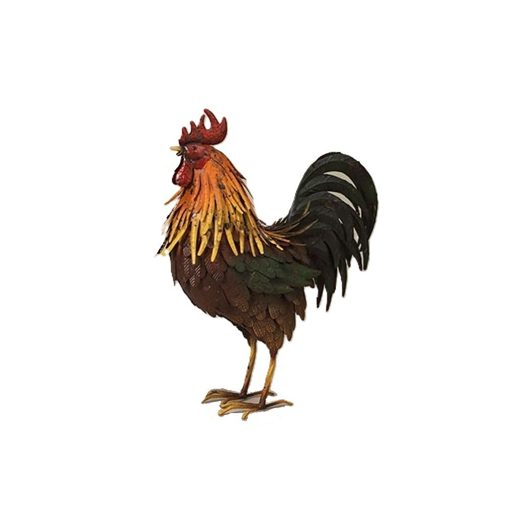 Metal Rooster Figure Multi Color Metal Sculpted Feathers 16" tall Standing gallery