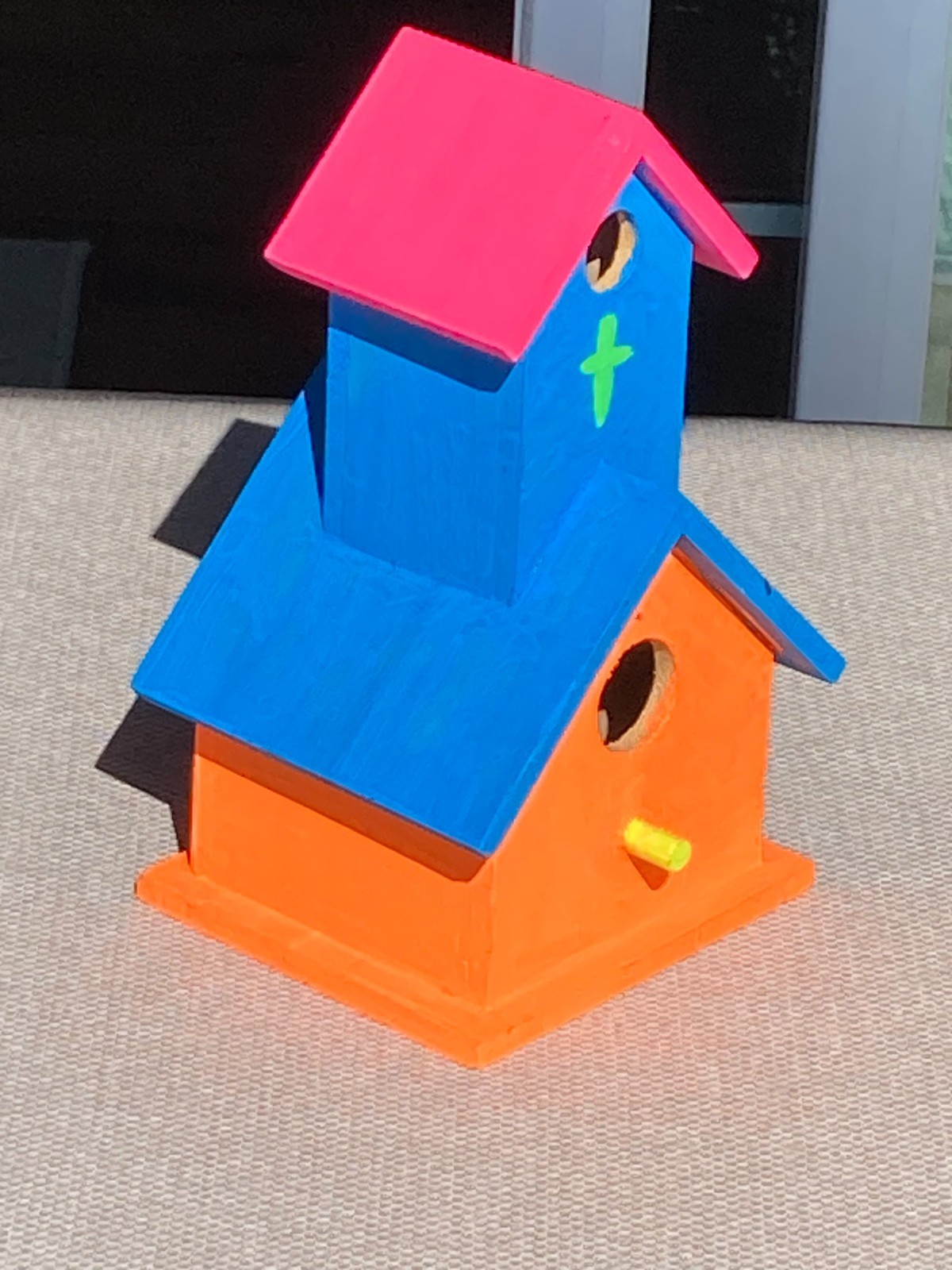 Handmade Bright Pink, Blue & Orange Wood 2-Level Church Birdhouse w/ Perch Post! gallery