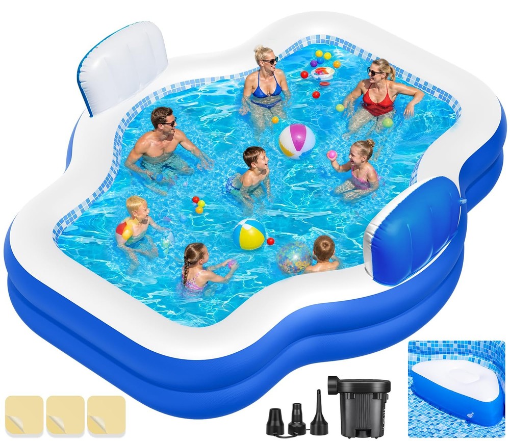 Extra Large Inflatable Swimming Pool with Seats Pump, 10.1TF X 7.5FT Blow-Up ...