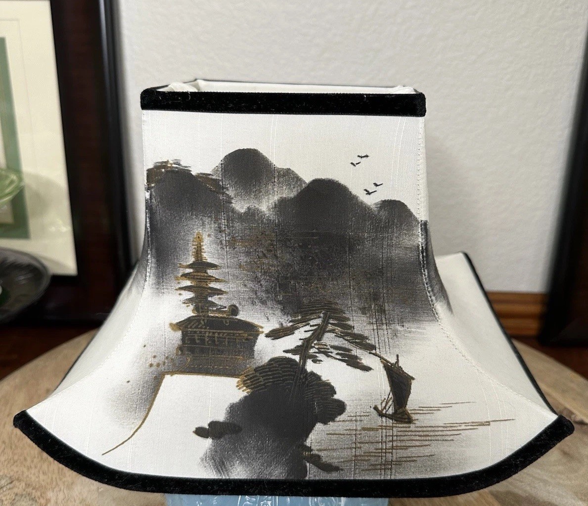 Pagoda Style Lamp Shade Hand Painted Zen Mountain Mist Vintage Mid Century gallery