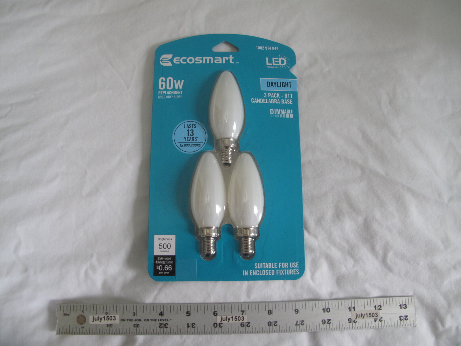 (3) NEW EcoSmart 60w Dimmable LED Daylight 5000K B11 Bulb Candelabra E12 Frosted gallery