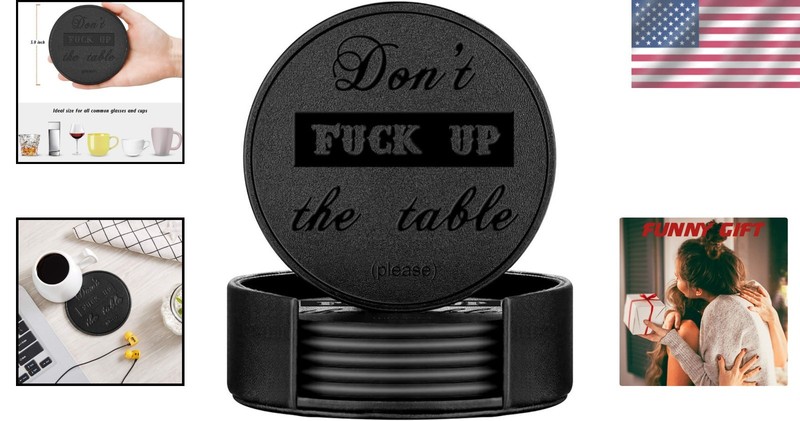 Funny Coasters Leather Coasters 6 Pcs Black Round Drink Coasters with Holder gallery