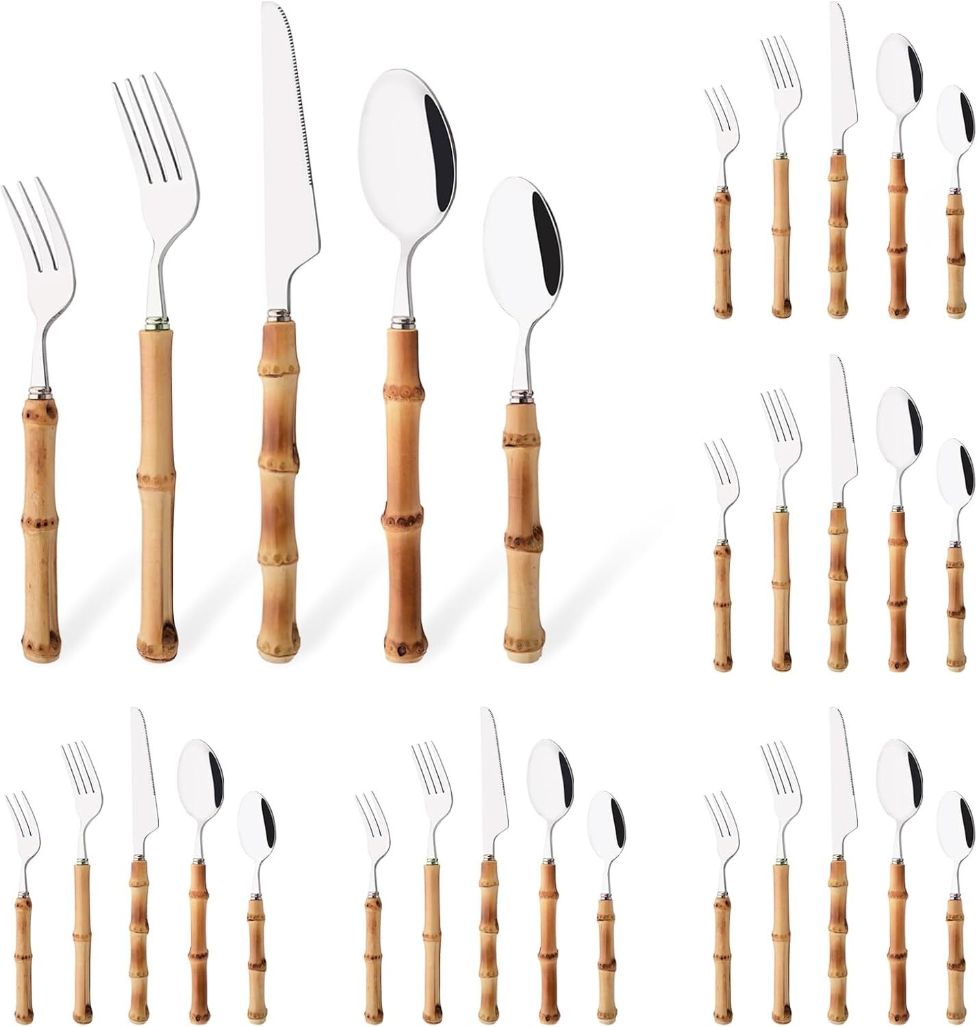 Bamboo Handle Silverware Set 30 Pcs Set for 6 Stainless Steel Flatware Set gallery